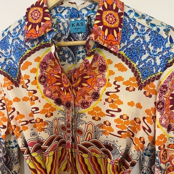 KAS Designs Multicolor Abstract Print Tie Waist Satin Shirt Dress - Picture 4 of 6